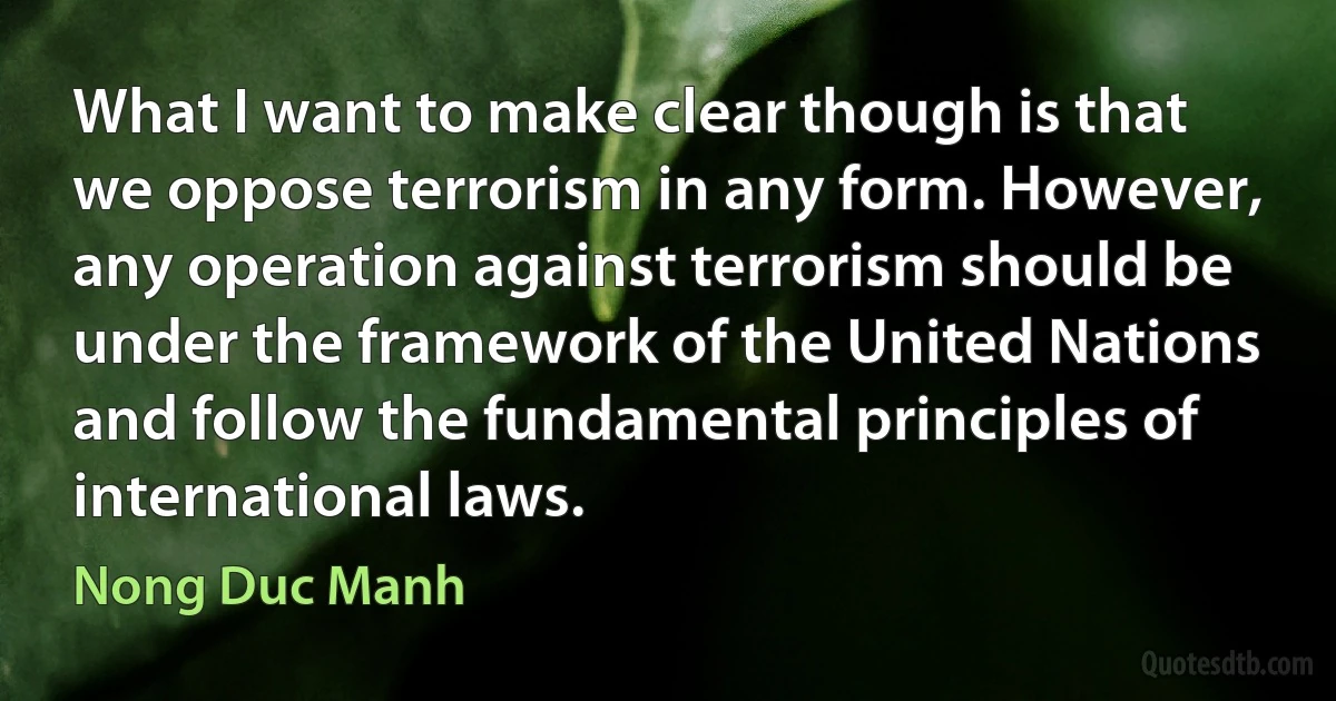 What I want to make clear though is that we oppose terrorism in any form. However, any operation against terrorism should be under the framework of the United Nations and follow the fundamental principles of international laws. (Nong Duc Manh)