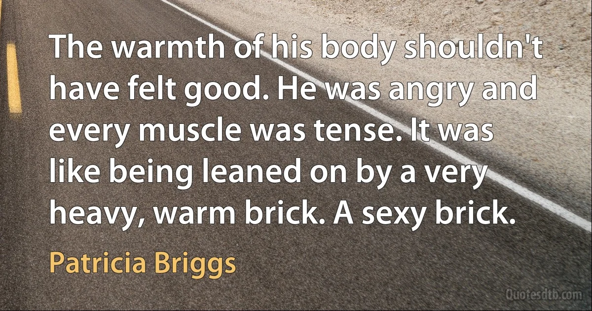 The warmth of his body shouldn't have felt good. He was angry and every muscle was tense. It was like being leaned on by a very heavy, warm brick. A sexy brick. (Patricia Briggs)