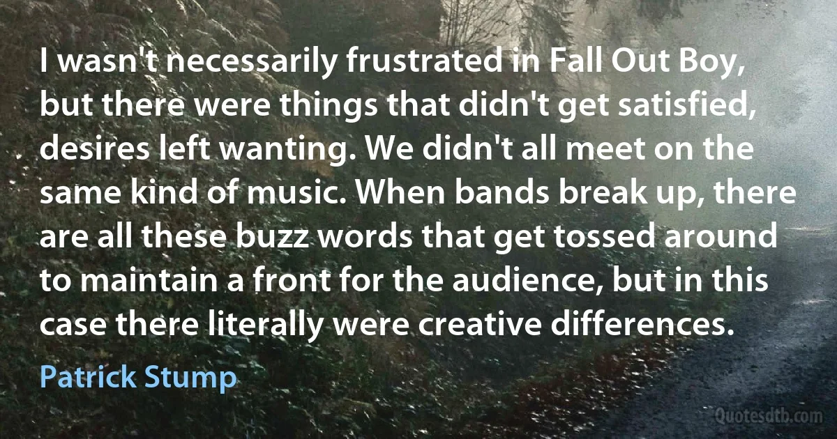 I wasn't necessarily frustrated in Fall Out Boy, but there were things that didn't get satisfied, desires left wanting. We didn't all meet on the same kind of music. When bands break up, there are all these buzz words that get tossed around to maintain a front for the audience, but in this case there literally were creative differences. (Patrick Stump)