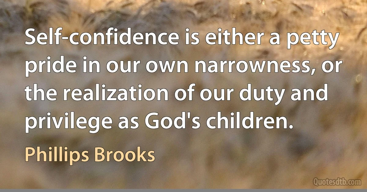 Self-confidence is either a petty pride in our own narrowness, or the realization of our duty and privilege as God's children. (Phillips Brooks)