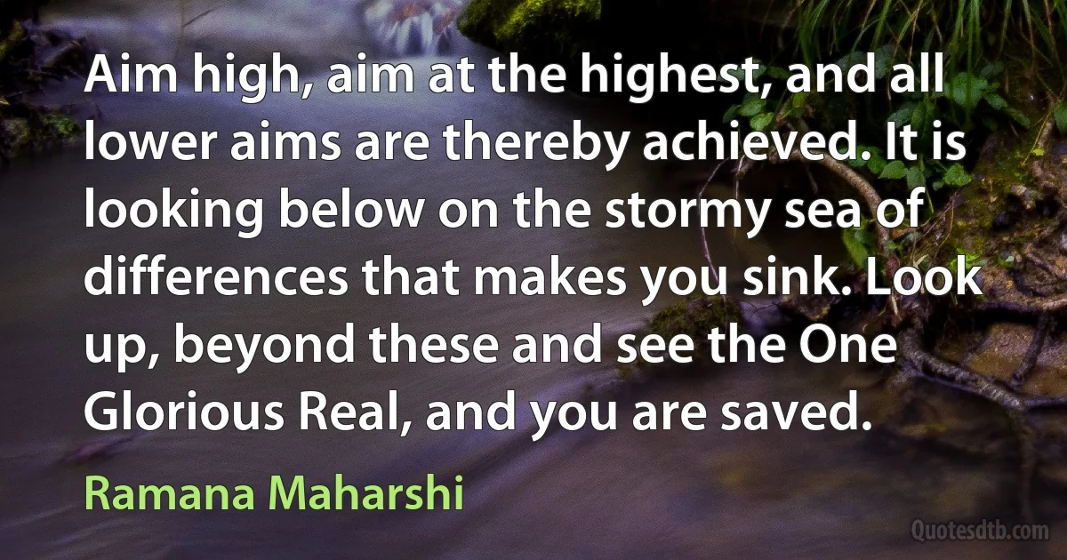 Aim high, aim at the highest, and all lower aims are thereby achieved. It is looking below on the stormy sea of differences that makes you sink. Look up, beyond these and see the One Glorious Real, and you are saved. (Ramana Maharshi)