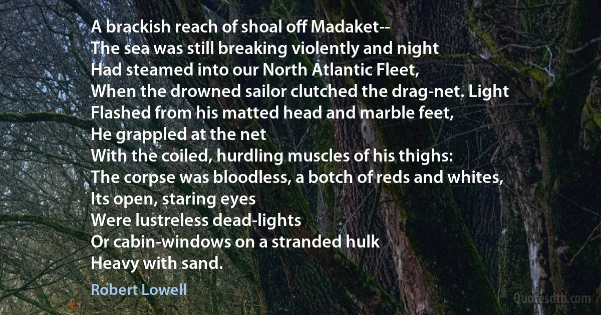 A brackish reach of shoal off Madaket--
The sea was still breaking violently and night
Had steamed into our North Atlantic Fleet,
When the drowned sailor clutched the drag-net. Light
Flashed from his matted head and marble feet,
He grappled at the net
With the coiled, hurdling muscles of his thighs:
The corpse was bloodless, a botch of reds and whites,
Its open, staring eyes
Were lustreless dead-lights
Or cabin-windows on a stranded hulk
Heavy with sand. (Robert Lowell)