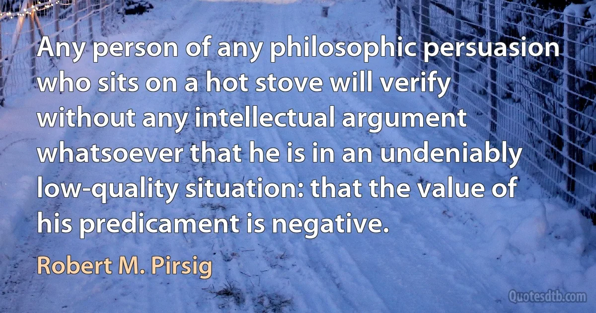 Any person of any philosophic persuasion who sits on a hot stove will verify without any intellectual argument whatsoever that he is in an undeniably low-quality situation: that the value of his predicament is negative. (Robert M. Pirsig)