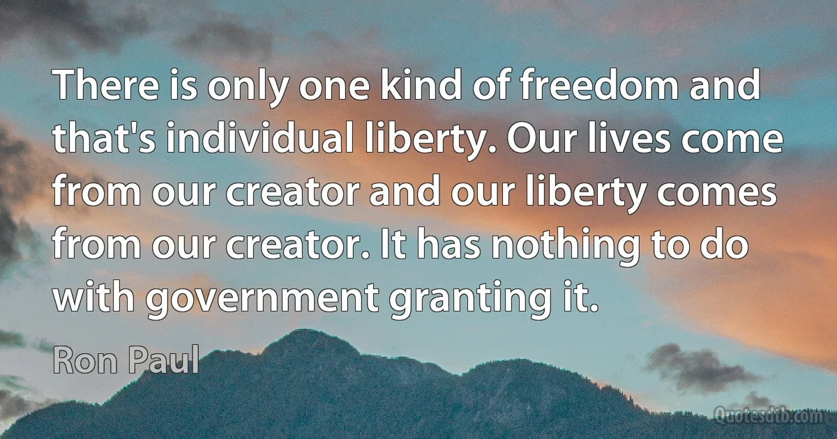 There is only one kind of freedom and that's individual liberty. Our lives come from our creator and our liberty comes from our creator. It has nothing to do with government granting it. (Ron Paul)