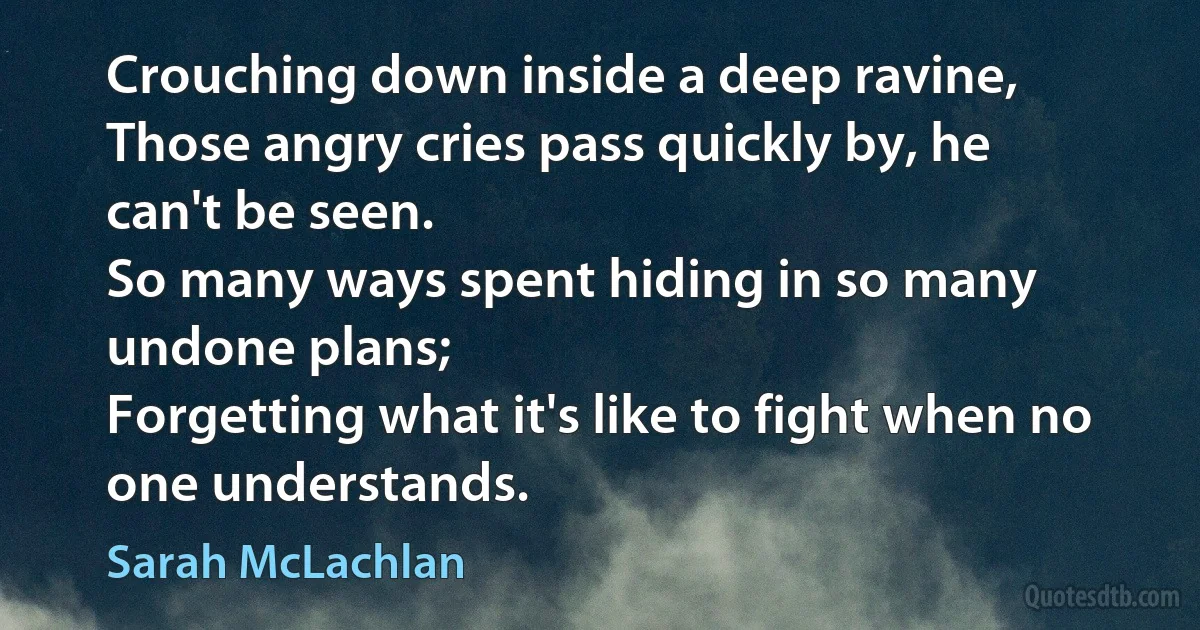 Crouching down inside a deep ravine,
Those angry cries pass quickly by, he can't be seen.
So many ways spent hiding in so many undone plans;
Forgetting what it's like to fight when no one understands. (Sarah McLachlan)