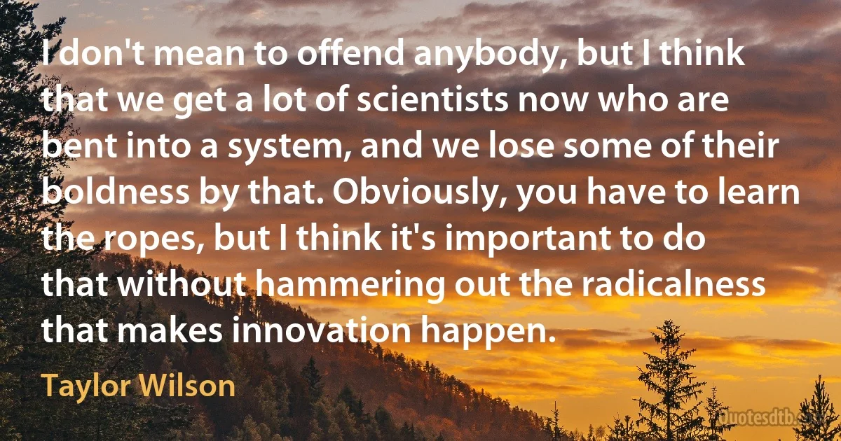 I don't mean to offend anybody, but I think that we get a lot of scientists now who are bent into a system, and we lose some of their boldness by that. Obviously, you have to learn the ropes, but I think it's important to do that without hammering out the radicalness that makes innovation happen. (Taylor Wilson)