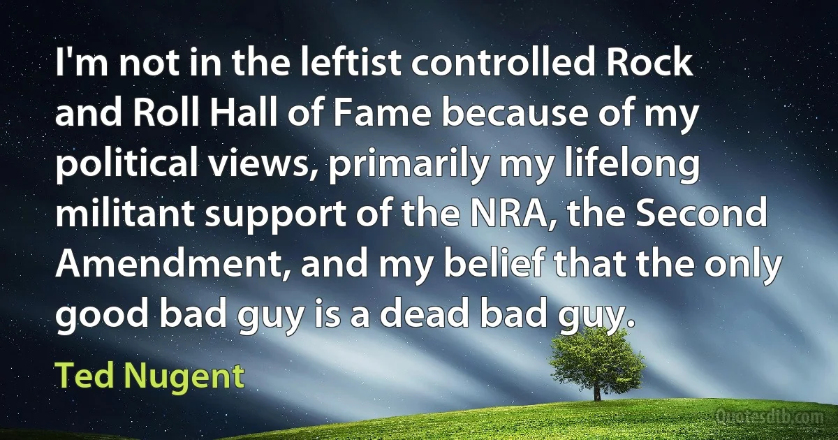 I'm not in the leftist controlled Rock and Roll Hall of Fame because of my political views, primarily my lifelong militant support of the NRA, the Second Amendment, and my belief that the only good bad guy is a dead bad guy. (Ted Nugent)