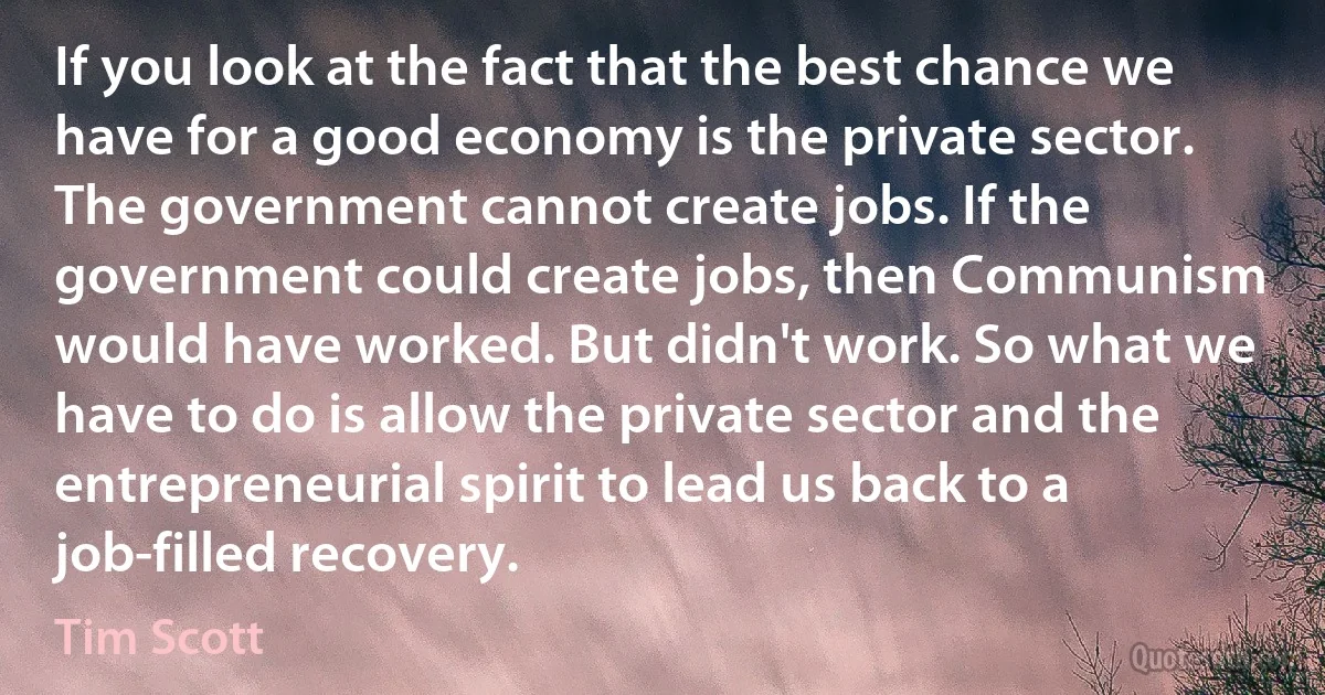 If you look at the fact that the best chance we have for a good economy is the private sector. The government cannot create jobs. If the government could create jobs, then Communism would have worked. But didn't work. So what we have to do is allow the private sector and the entrepreneurial spirit to lead us back to a job-filled recovery. (Tim Scott)