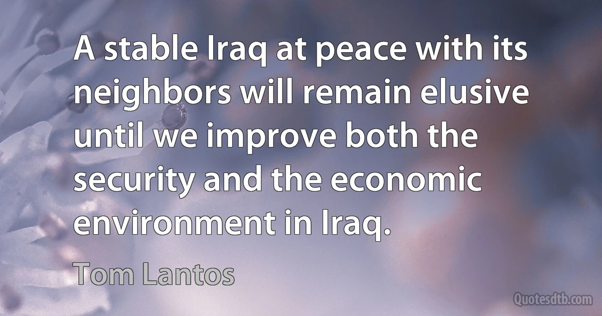 A stable Iraq at peace with its neighbors will remain elusive until we improve both the security and the economic environment in Iraq. (Tom Lantos)