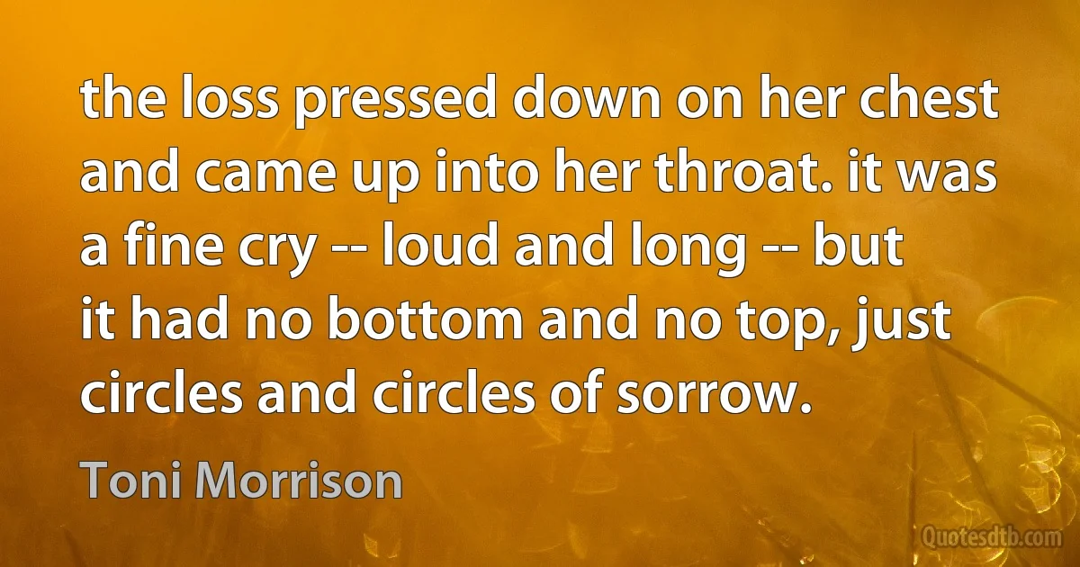 the loss pressed down on her chest and came up into her throat. it was a fine cry -- loud and long -- but it had no bottom and no top, just circles and circles of sorrow. (Toni Morrison)