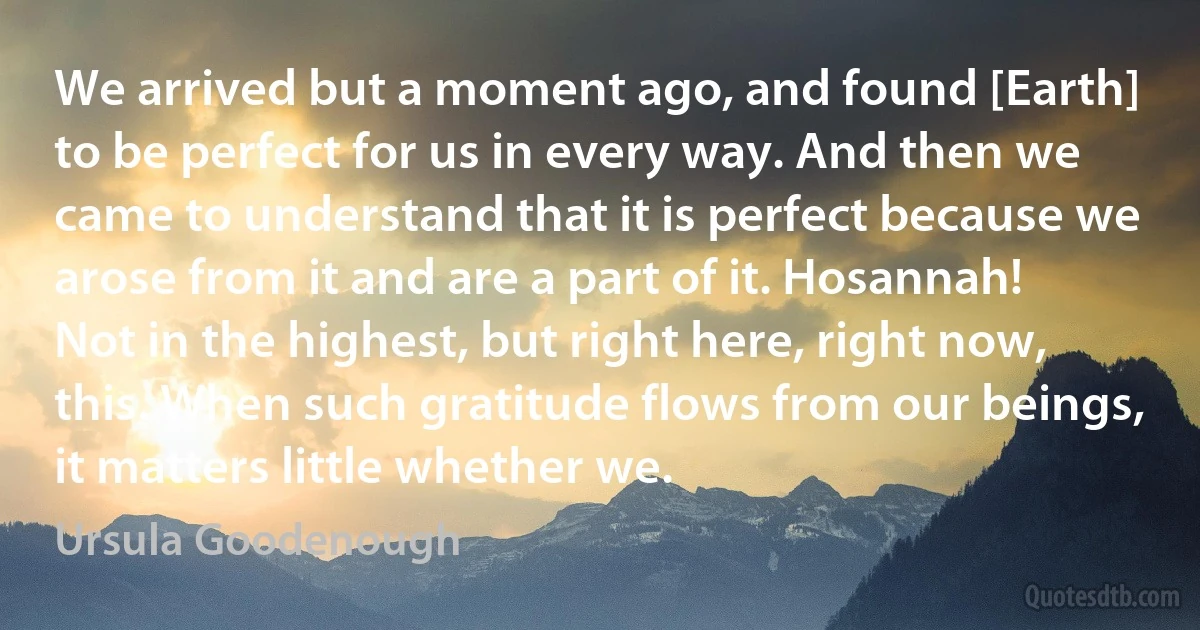 We arrived but a moment ago, and found [Earth] to be perfect for us in every way. And then we came to understand that it is perfect because we arose from it and are a part of it. Hosannah! Not in the highest, but right here, right now, this. When such gratitude flows from our beings, it matters little whether we. (Ursula Goodenough)