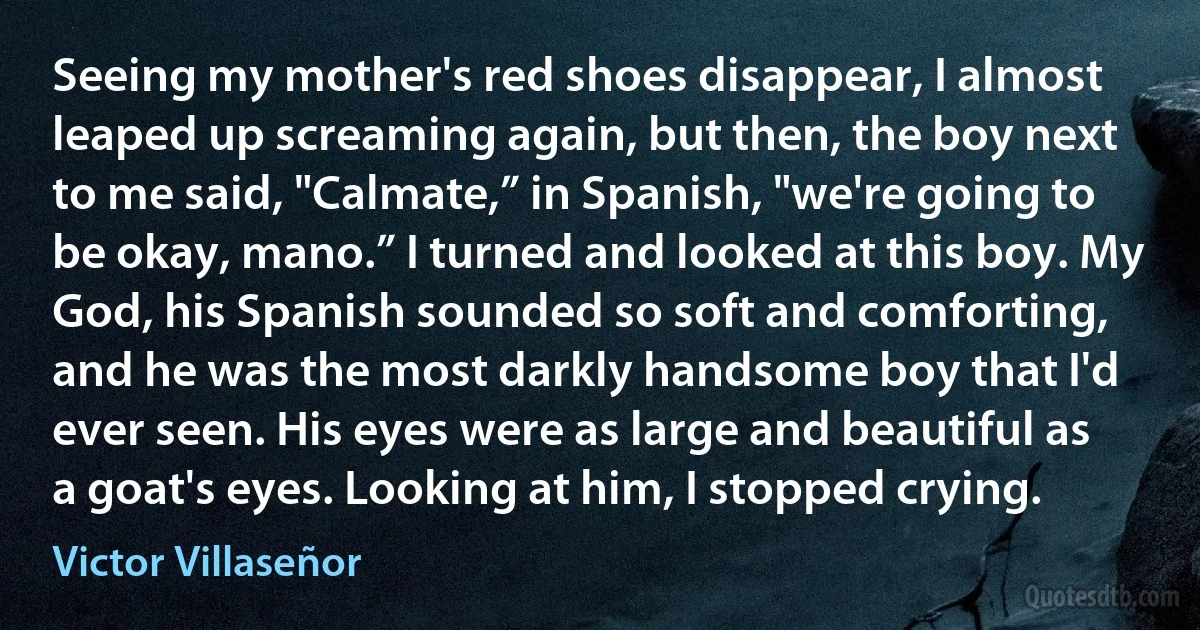 Seeing my mother's red shoes disappear, I almost leaped up screaming again, but then, the boy next to me said, "Calmate,” in Spanish, "we're going to be okay, mano.” I turned and looked at this boy. My God, his Spanish sounded so soft and comforting, and he was the most darkly handsome boy that I'd ever seen. His eyes were as large and beautiful as a goat's eyes. Looking at him, I stopped crying. (Victor Villaseñor)