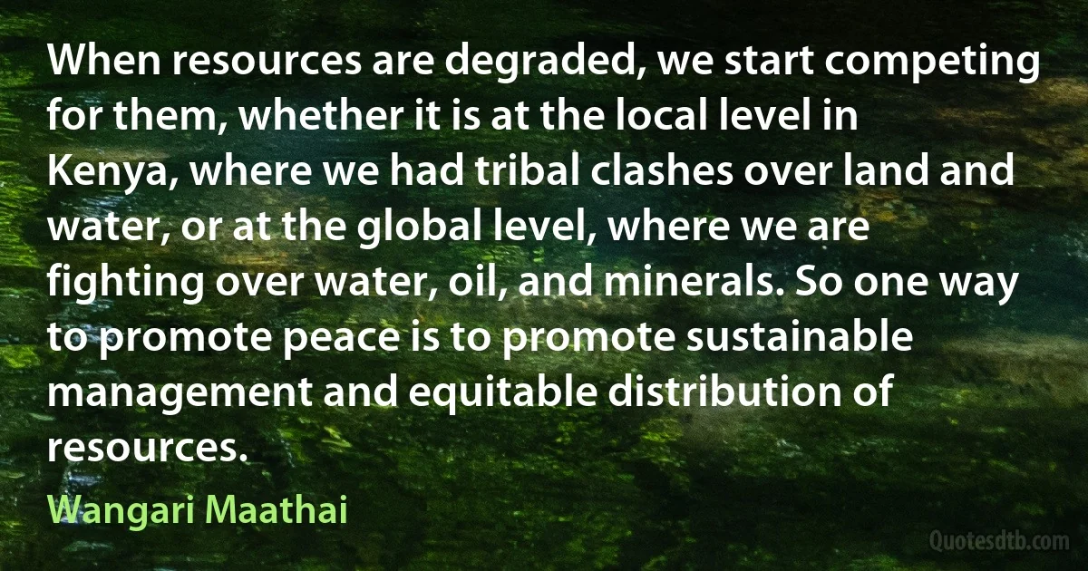 When resources are degraded, we start competing for them, whether it is at the local level in Kenya, where we had tribal clashes over land and water, or at the global level, where we are fighting over water, oil, and minerals. So one way to promote peace is to promote sustainable management and equitable distribution of resources. (Wangari Maathai)