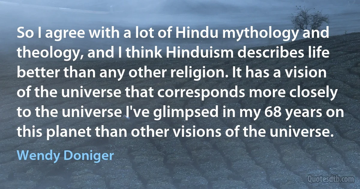 So I agree with a lot of Hindu mythology and theology, and I think Hinduism describes life better than any other religion. It has a vision of the universe that corresponds more closely to the universe I've glimpsed in my 68 years on this planet than other visions of the universe. (Wendy Doniger)