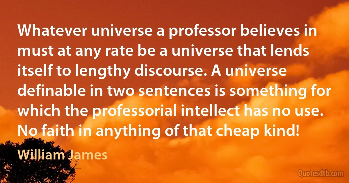 Whatever universe a professor believes in must at any rate be a universe that lends itself to lengthy discourse. A universe definable in two sentences is something for which the professorial intellect has no use. No faith in anything of that cheap kind! (William James)