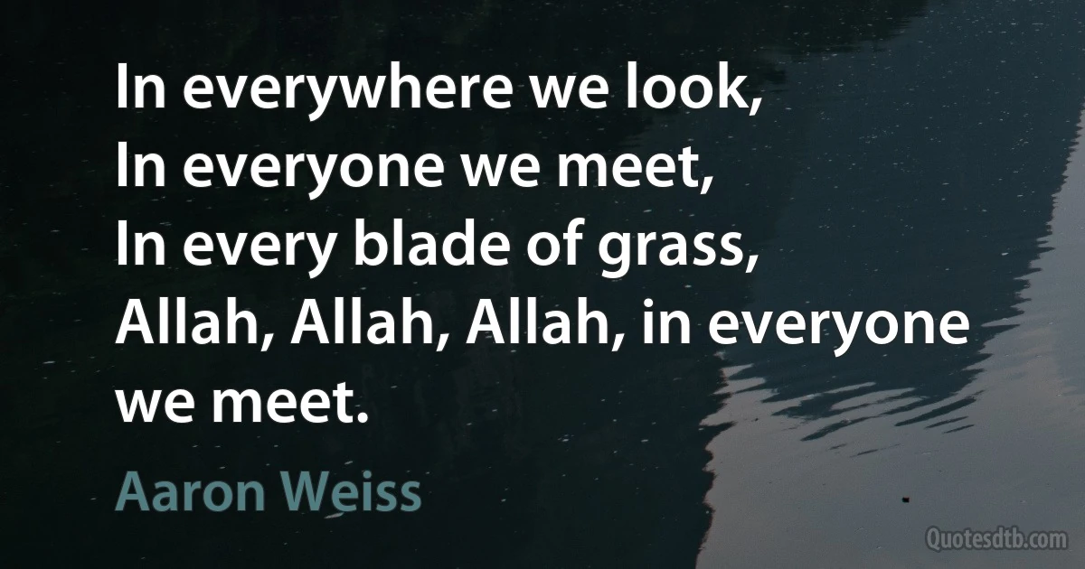 In everywhere we look,
In everyone we meet,
In every blade of grass,
Allah, Allah, Allah, in everyone we meet. (Aaron Weiss)