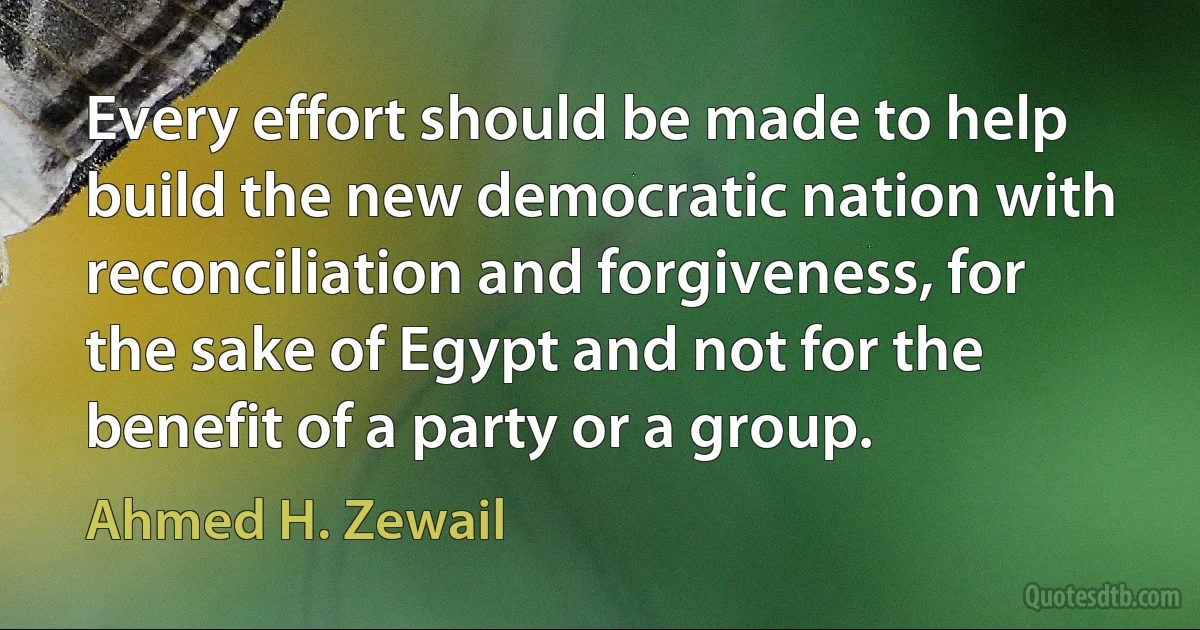 Every effort should be made to help build the new democratic nation with reconciliation and forgiveness, for the sake of Egypt and not for the benefit of a party or a group. (Ahmed H. Zewail)