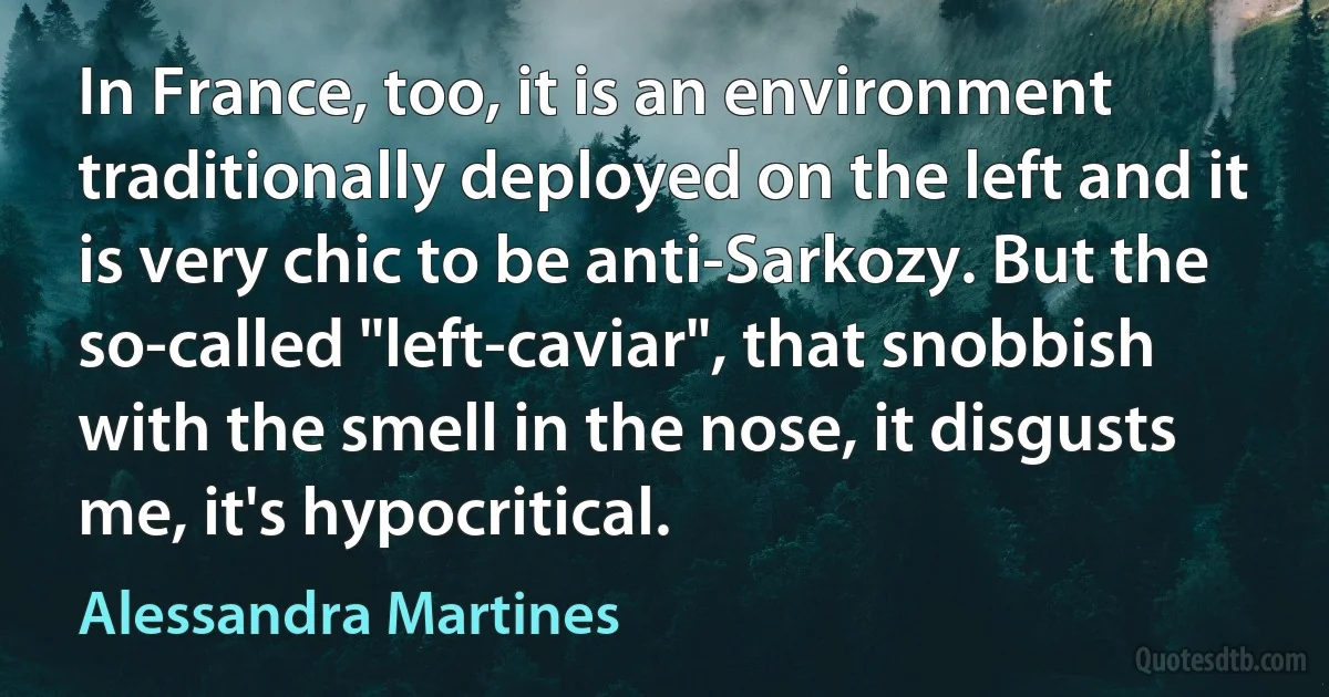 In France, too, it is an environment traditionally deployed on the left and it is very chic to be anti-Sarkozy. But the so-called "left-caviar", that snobbish with the smell in the nose, it disgusts me, it's hypocritical. (Alessandra Martines)