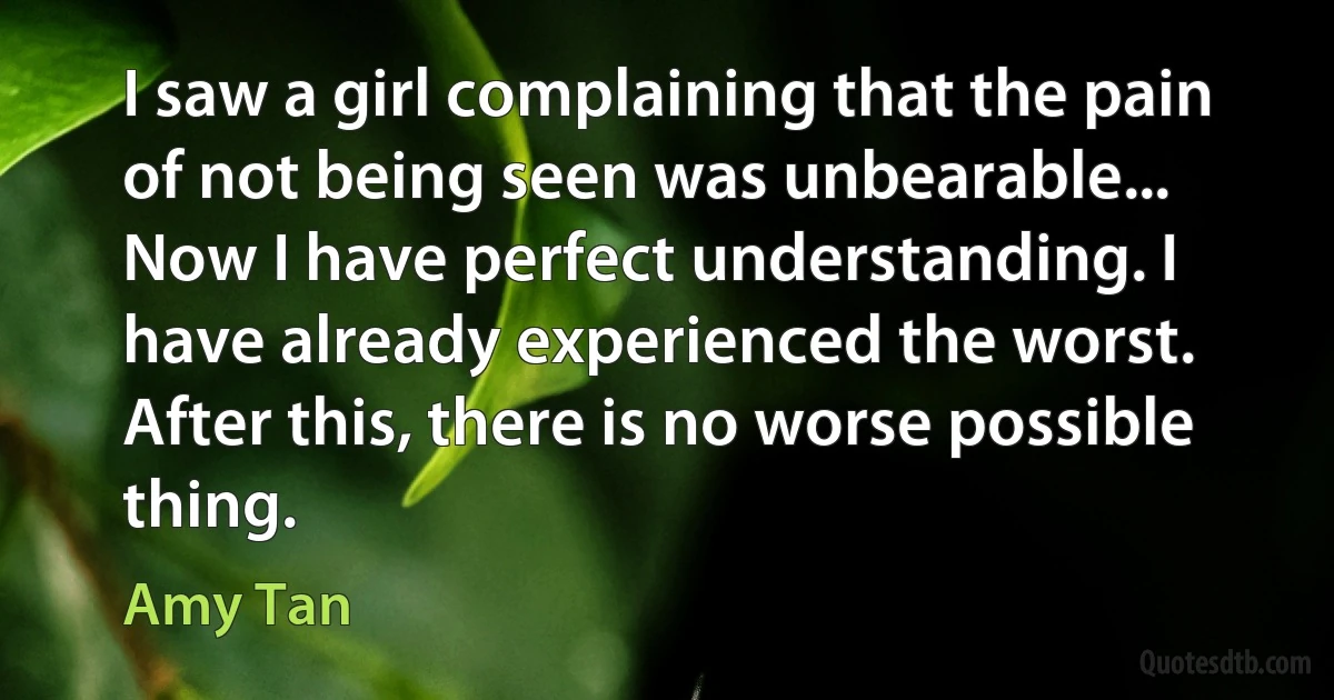 I saw a girl complaining that the pain of not being seen was unbearable... Now I have perfect understanding. I have already experienced the worst. After this, there is no worse possible thing. (Amy Tan)