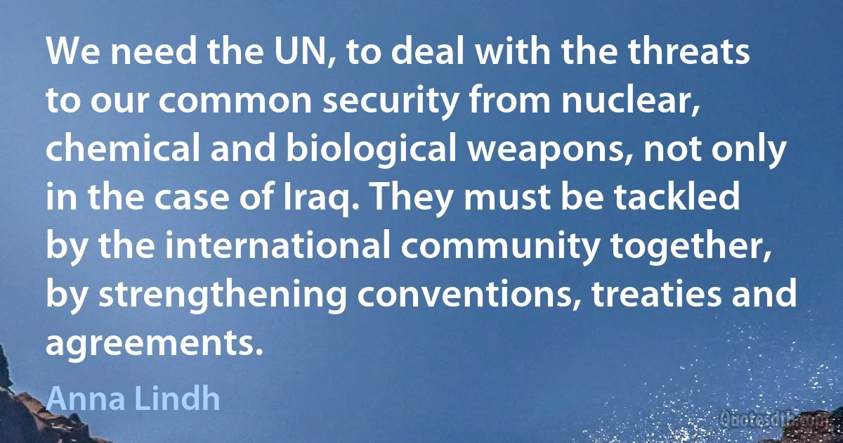 We need the UN, to deal with the threats to our common security from nuclear, chemical and biological weapons, not only in the case of Iraq. They must be tackled by the international community together, by strengthening conventions, treaties and agreements. (Anna Lindh)