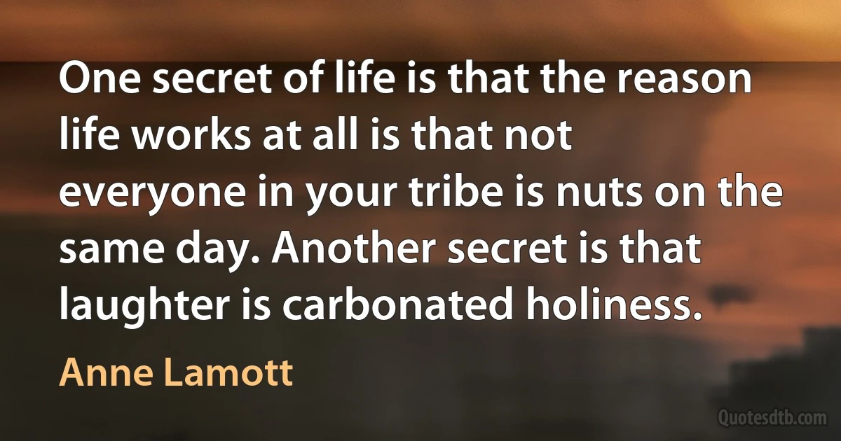 One secret of life is that the reason life works at all is that not everyone in your tribe is nuts on the same day. Another secret is that laughter is carbonated holiness. (Anne Lamott)