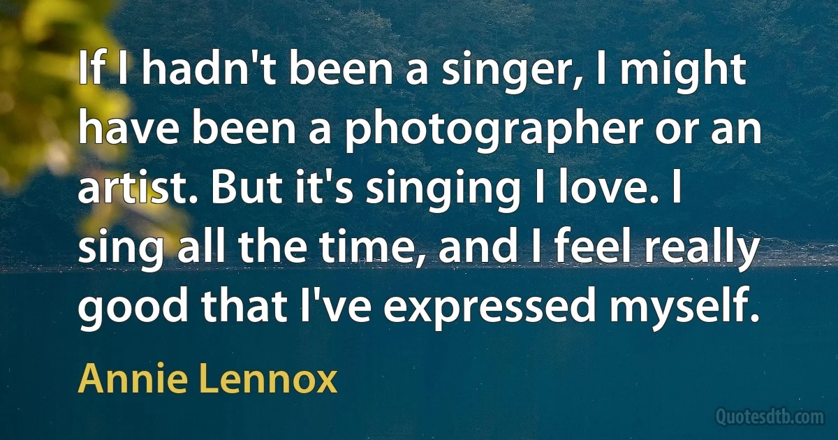 If I hadn't been a singer, I might have been a photographer or an artist. But it's singing I love. I sing all the time, and I feel really good that I've expressed myself. (Annie Lennox)