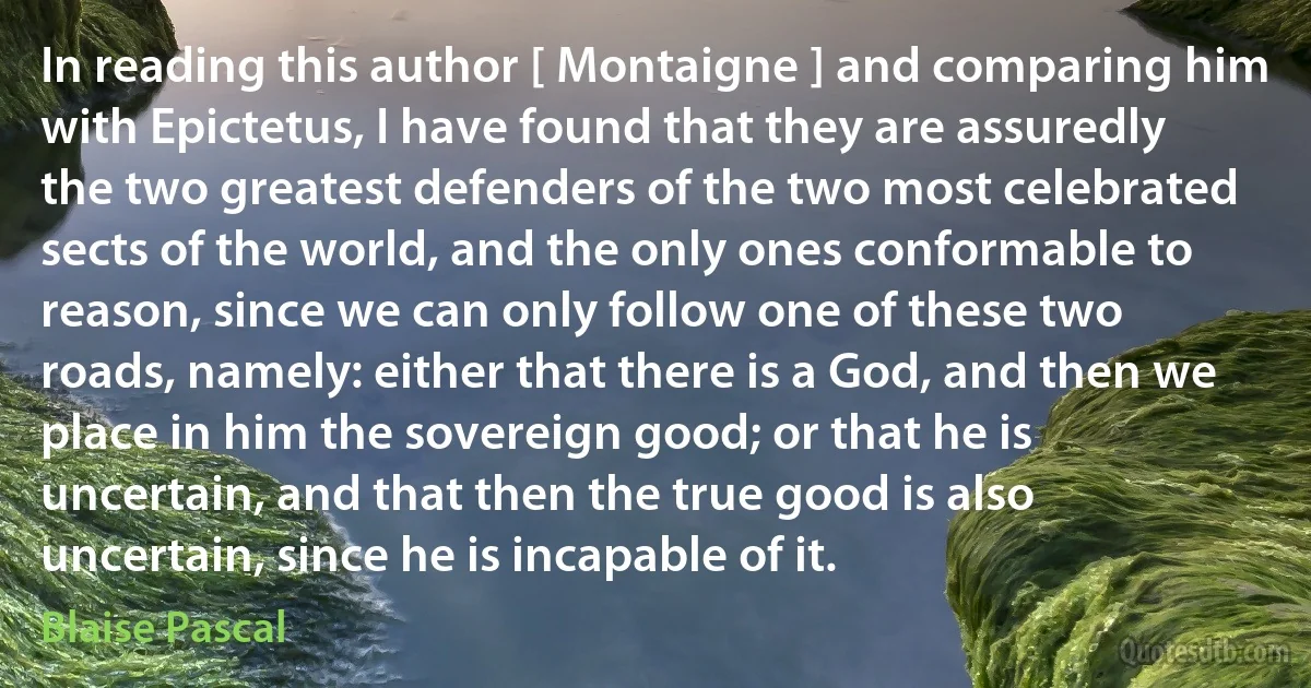 In reading this author [ Montaigne ] and comparing him with Epictetus, I have found that they are assuredly the two greatest defenders of the two most celebrated sects of the world, and the only ones conformable to reason, since we can only follow one of these two roads, namely: either that there is a God, and then we place in him the sovereign good; or that he is uncertain, and that then the true good is also uncertain, since he is incapable of it. (Blaise Pascal)