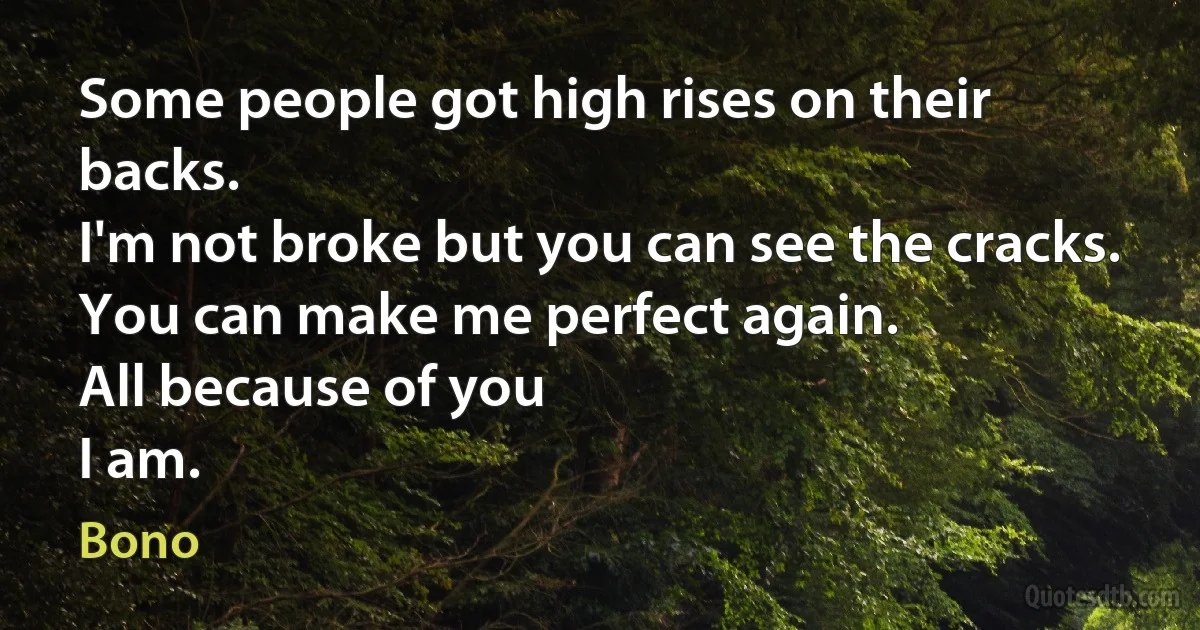 Some people got high rises on their backs.
I'm not broke but you can see the cracks.
You can make me perfect again.
All because of you
I am. (Bono)