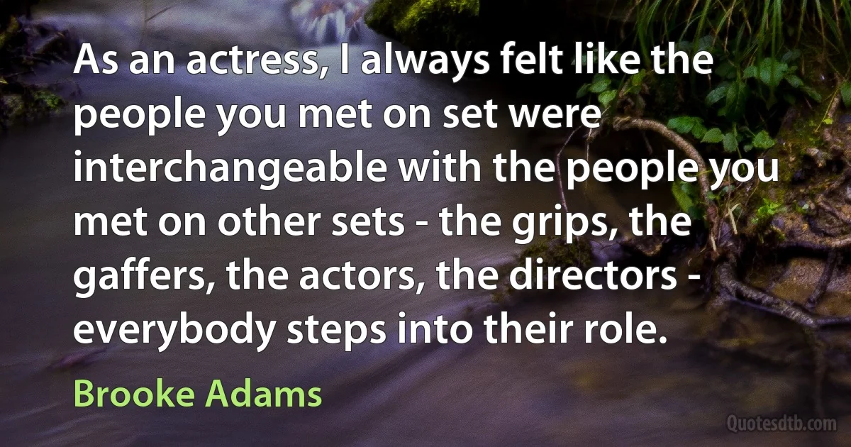 As an actress, I always felt like the people you met on set were interchangeable with the people you met on other sets - the grips, the gaffers, the actors, the directors - everybody steps into their role. (Brooke Adams)