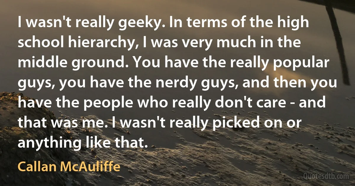 I wasn't really geeky. In terms of the high school hierarchy, I was very much in the middle ground. You have the really popular guys, you have the nerdy guys, and then you have the people who really don't care - and that was me. I wasn't really picked on or anything like that. (Callan McAuliffe)