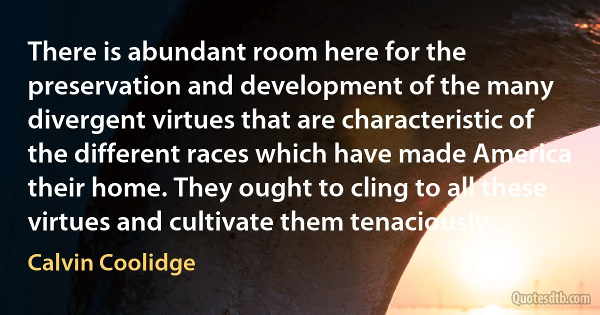 There is abundant room here for the preservation and development of the many divergent virtues that are characteristic of the different races which have made America their home. They ought to cling to all these virtues and cultivate them tenaciously. (Calvin Coolidge)