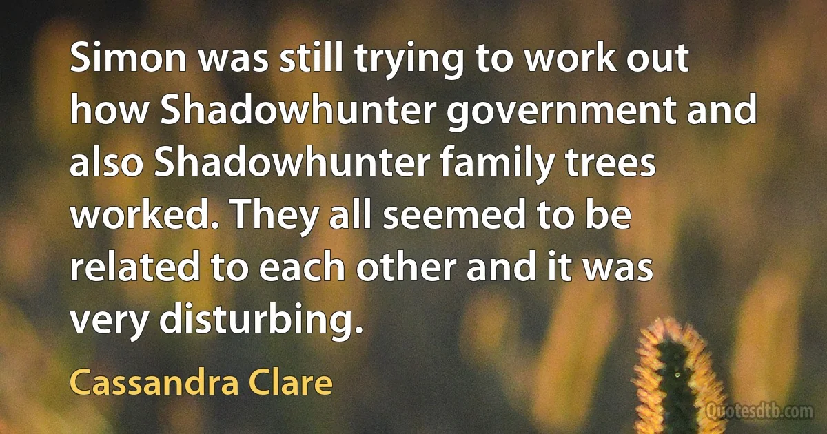 Simon was still trying to work out how Shadowhunter government and also Shadowhunter family trees worked. They all seemed to be related to each other and it was very disturbing. (Cassandra Clare)