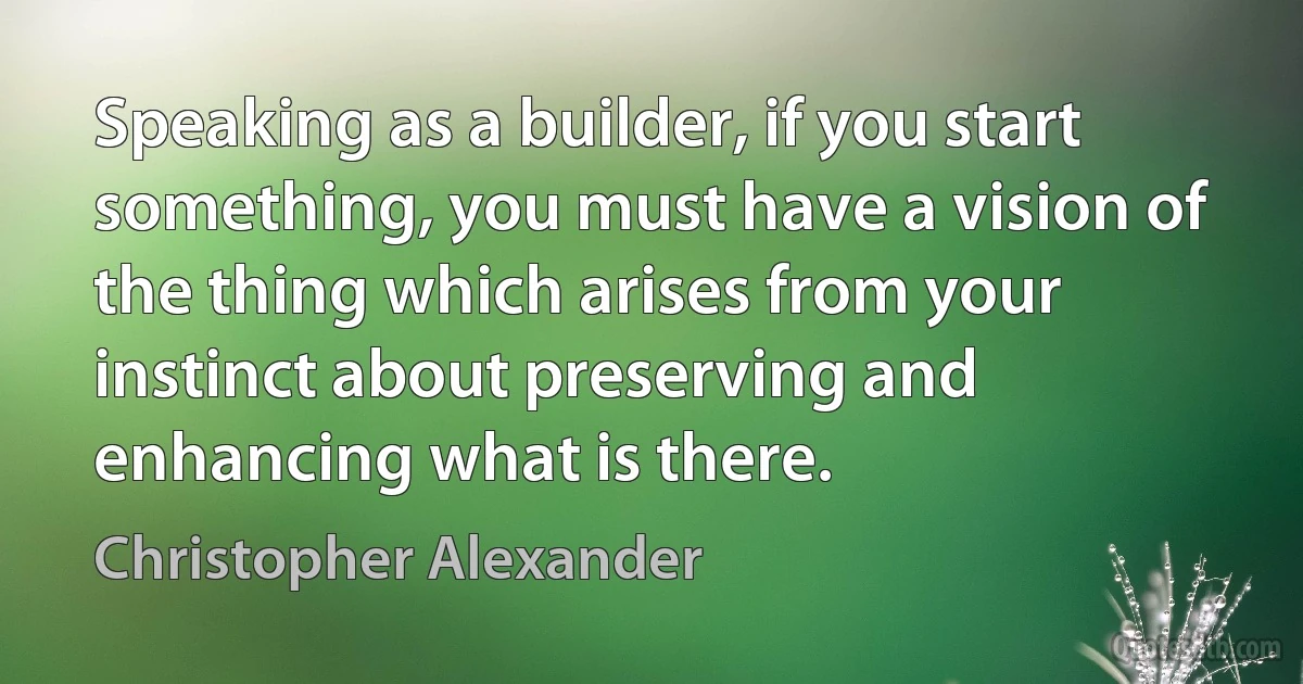 Speaking as a builder, if you start something, you must have a vision of the thing which arises from your instinct about preserving and enhancing what is there. (Christopher Alexander)