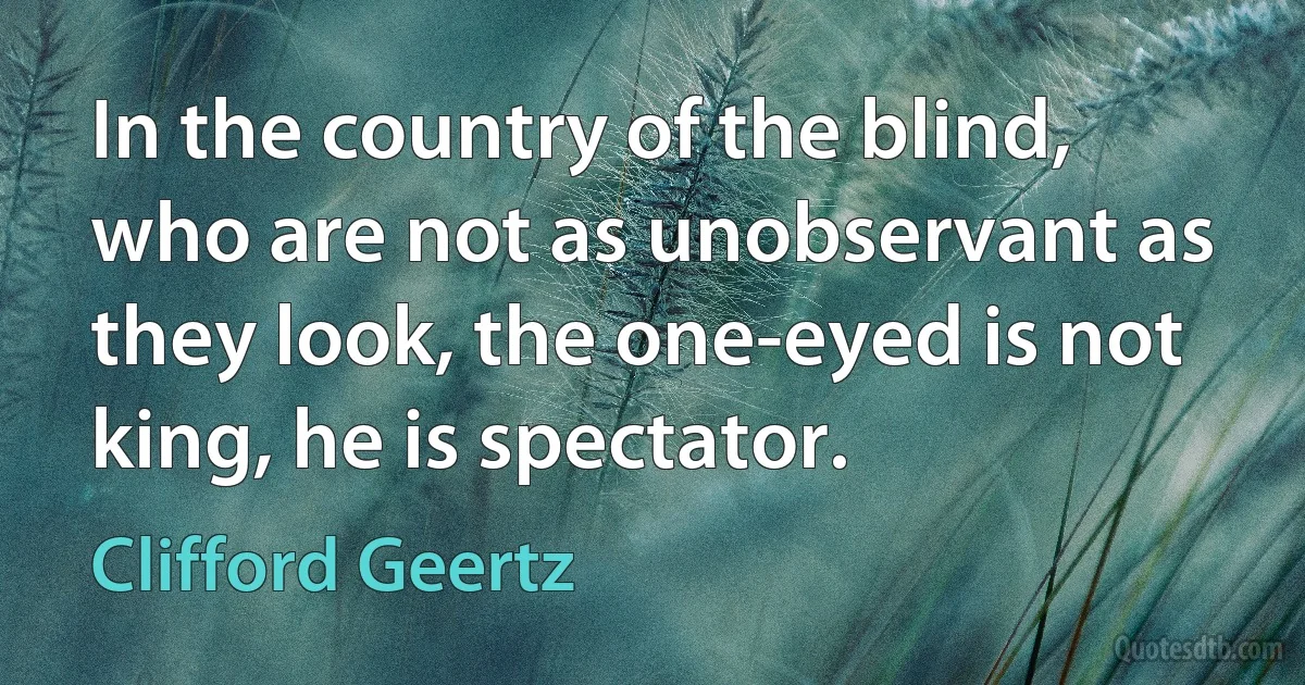 In the country of the blind, who are not as unobservant as they look, the one-eyed is not king, he is spectator. (Clifford Geertz)