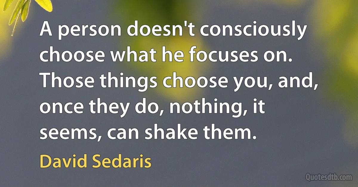 A person doesn't consciously choose what he focuses on. Those things choose you, and, once they do, nothing, it seems, can shake them. (David Sedaris)