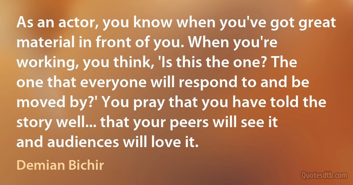 As an actor, you know when you've got great material in front of you. When you're working, you think, 'Is this the one? The one that everyone will respond to and be moved by?' You pray that you have told the story well... that your peers will see it and audiences will love it. (Demian Bichir)