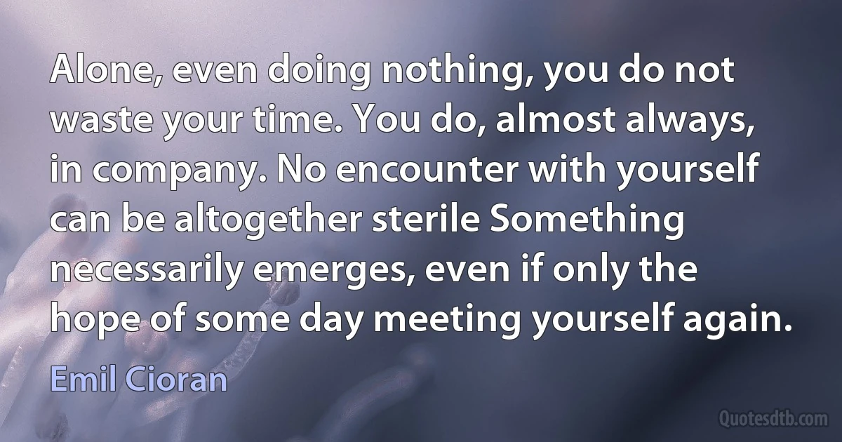 Alone, even doing nothing, you do not waste your time. You do, almost always, in company. No encounter with yourself can be altogether sterile Something necessarily emerges, even if only the hope of some day meeting yourself again. (Emil Cioran)