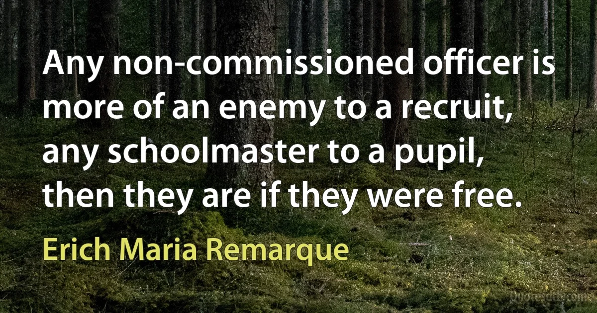 Any non-commissioned officer is more of an enemy to a recruit, any schoolmaster to a pupil, then they are if they were free. (Erich Maria Remarque)