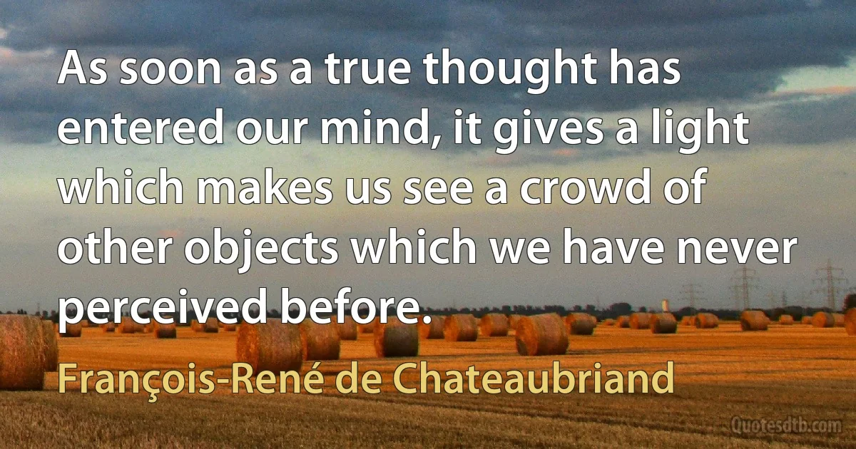 As soon as a true thought has entered our mind, it gives a light which makes us see a crowd of other objects which we have never perceived before. (François-René de Chateaubriand)