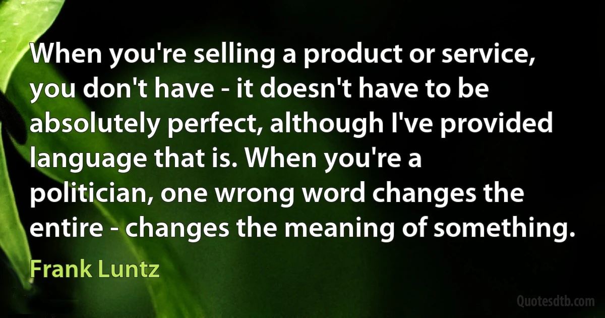 When you're selling a product or service, you don't have - it doesn't have to be absolutely perfect, although I've provided language that is. When you're a politician, one wrong word changes the entire - changes the meaning of something. (Frank Luntz)