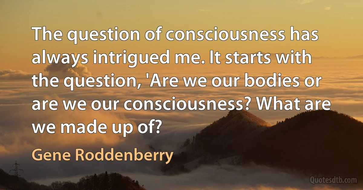 The question of consciousness has always intrigued me. It starts with the question, 'Are we our bodies or are we our consciousness? What are we made up of? (Gene Roddenberry)