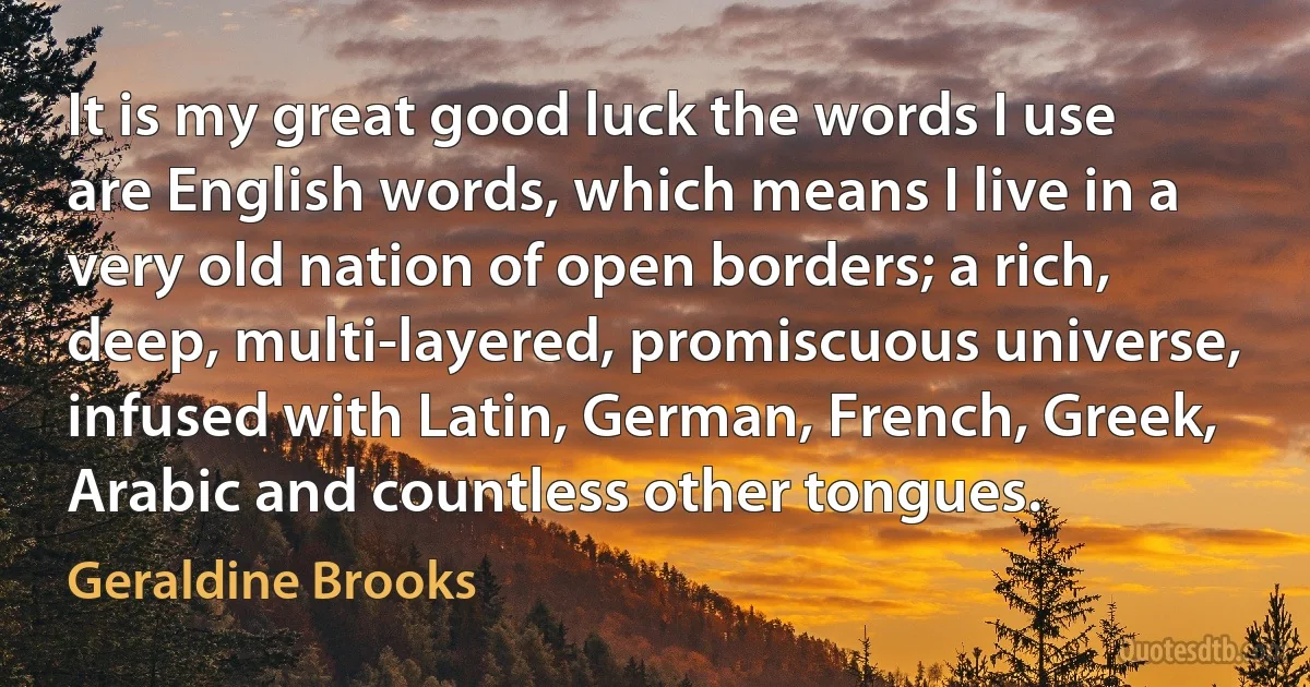 It is my great good luck the words I use are English words, which means I live in a very old nation of open borders; a rich, deep, multi-layered, promiscuous universe, infused with Latin, German, French, Greek, Arabic and countless other tongues. (Geraldine Brooks)