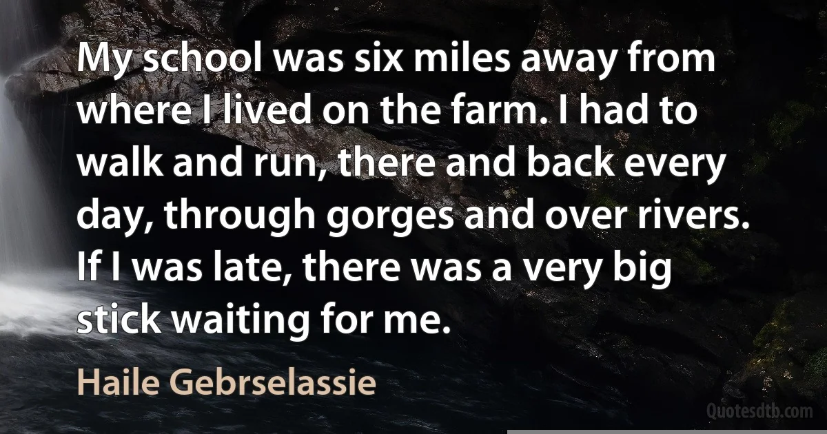 My school was six miles away from where I lived on the farm. I had to walk and run, there and back every day, through gorges and over rivers. If I was late, there was a very big stick waiting for me. (Haile Gebrselassie)