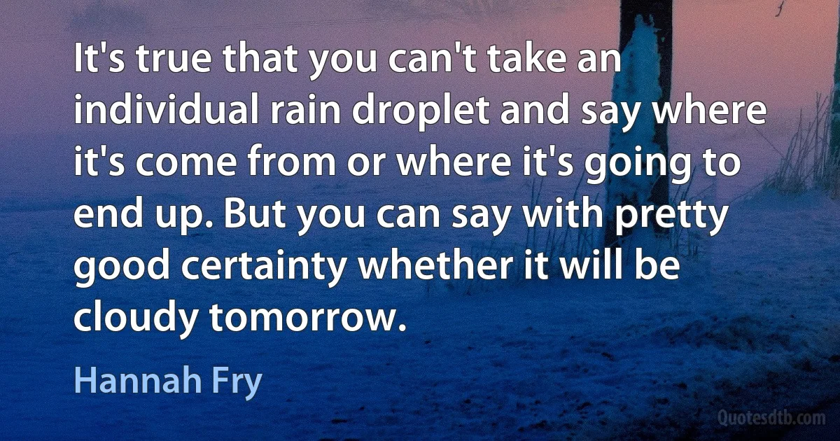 It's true that you can't take an individual rain droplet and say where it's come from or where it's going to end up. But you can say with pretty good certainty whether it will be cloudy tomorrow. (Hannah Fry)