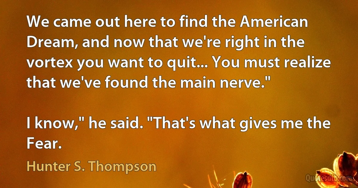 We came out here to find the American Dream, and now that we're right in the vortex you want to quit... You must realize that we've found the main nerve."

I know," he said. "That's what gives me the Fear. (Hunter S. Thompson)