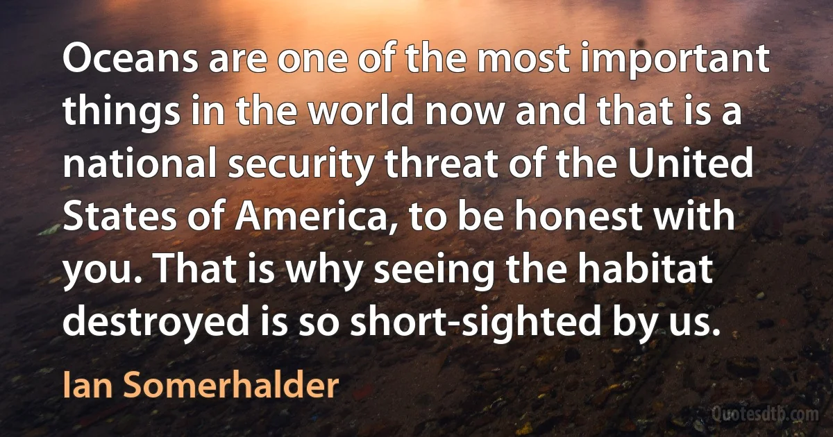 Oceans are one of the most important things in the world now and that is a national security threat of the United States of America, to be honest with you. That is why seeing the habitat destroyed is so short-sighted by us. (Ian Somerhalder)