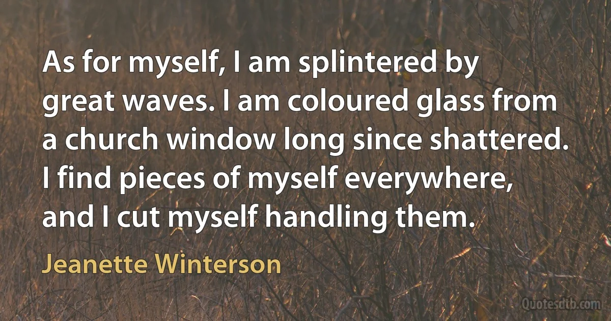 As for myself, I am splintered by great waves. I am coloured glass from a church window long since shattered. I find pieces of myself everywhere, and I cut myself handling them. (Jeanette Winterson)