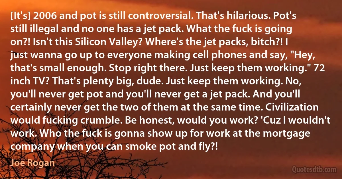 [It's] 2006 and pot is still controversial. That's hilarious. Pot's still illegal and no one has a jet pack. What the fuck is going on?! Isn't this Silicon Valley? Where's the jet packs, bitch?! I just wanna go up to everyone making cell phones and say, "Hey, that's small enough. Stop right there. Just keep them working." 72 inch TV? That's plenty big, dude. Just keep them working. No, you'll never get pot and you'll never get a jet pack. And you'll certainly never get the two of them at the same time. Civilization would fucking crumble. Be honest, would you work? 'Cuz I wouldn't work. Who the fuck is gonna show up for work at the mortgage company when you can smoke pot and fly?! (Joe Rogan)