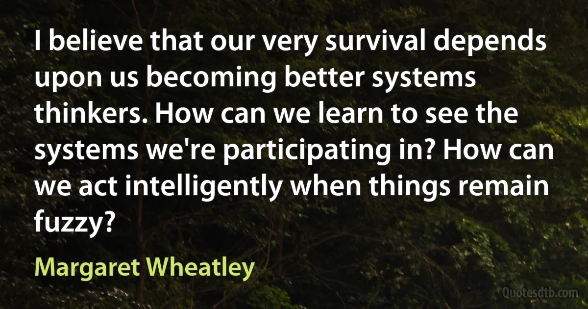 I believe that our very survival depends upon us becoming better systems thinkers. How can we learn to see the systems we're participating in? How can we act intelligently when things remain fuzzy? (Margaret Wheatley)