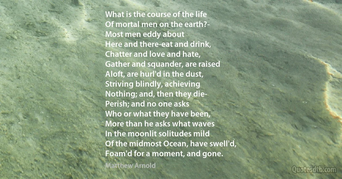 What is the course of the life
Of mortal men on the earth?-
Most men eddy about
Here and there-eat and drink,
Chatter and love and hate,
Gather and squander, are raised
Aloft, are hurl'd in the dust,
Striving blindly, achieving
Nothing; and, then they die-
Perish; and no one asks
Who or what they have been,
More than he asks what waves
In the moonlit solitudes mild
Of the midmost Ocean, have swell'd,
Foam'd for a moment, and gone. (Matthew Arnold)